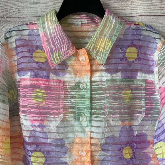 Erin London Pastel Floral Sheer Textured Button Down Jacket Spring Shirt Size L - Picture 3 of 16